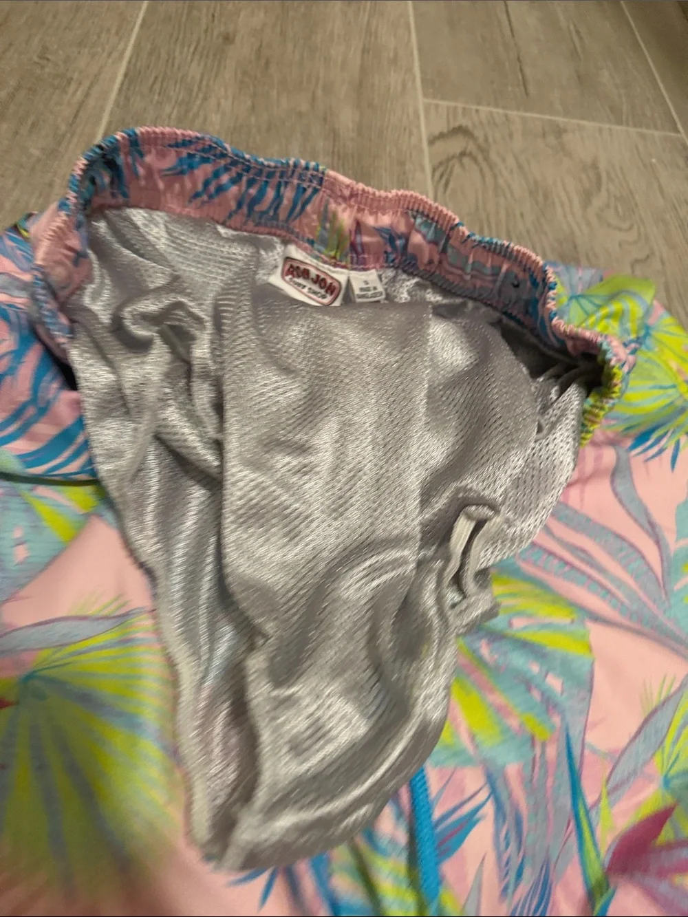 Men's Ron Jon’s Pink Tropical Swim Trunks with Blue Drawstring
